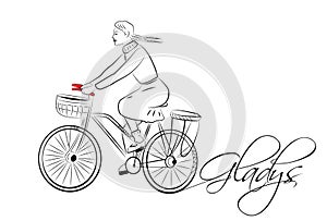 Girl with pigtails on a bike. Forward movement. wind towards